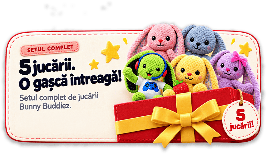 Setul complet. 5 jucării. O gașcă întreagă! Setul complet de jucării Bunny Buddiez.
